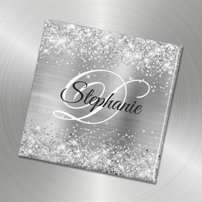 Glänzendes Silber Glitter Folie Fancy Monogramm Magnet (Von Creator hochgeladen)
