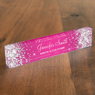 Glänzendes Silber Glitter Heißrosa Farbverlauf Namensplakette