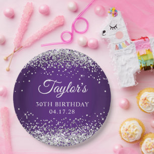 Glänzendes Silber Glitter Königliches Lila 30. Geb Pappteller
