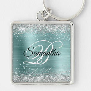 Glänzendes Silber Glitter Mint Teal Folien Monogra Schlüsselanhänger