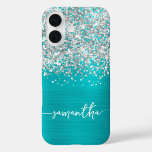 Glänzendes Silber Glitter Türkis Blau Glam Name iPhone 16 Hülle