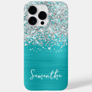 Glänzendes Silber Glitter Türkis Blau Glam Name Case-Mate iPhone 14 Pro Max Hülle