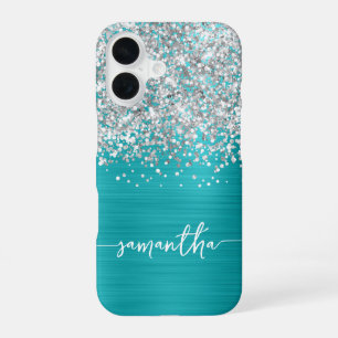 Glänzendes Silber Glitter Türkis Blau Glam Name iPhone 16 Hülle