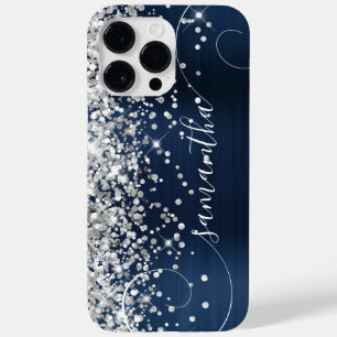 Glänzendes Silber Navy Blau Glam Lockiges Signatur Case-Mate iPhone 14 Pro Max Hülle