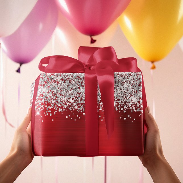 Glänzendes Silber Rot Glamour Geschenkpapier (Glittery Silver Red Glam Wrapping Paper)