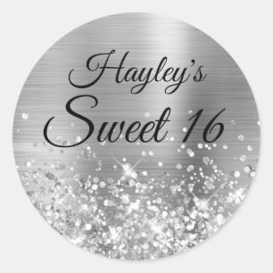 Glänzendes Silber Sweet 16 Runder Aufkleber