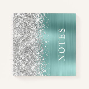 Glänzendes Silber und helles Türkis Glam Blank Notizbuch