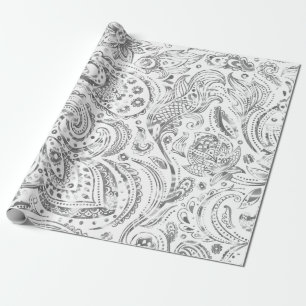Glänzendes Silber & Weiß Vintage Paisley-Muster Geschenkpapier