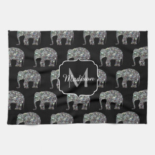 Glänzendes silbernes Mosaik-Glitter-Elefanten-Mono Handtuch