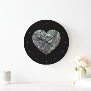 Glänzendes silbernes Mosaik Glitter Herz Große Wanduhr