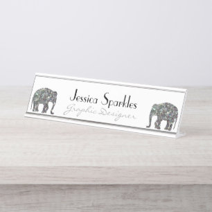 Glänzendes silbernes Mosaik-Glitzer-Elefant weiß Schreibtischnamensplakette