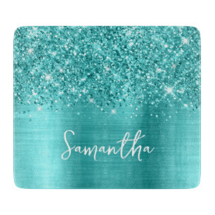 Glänzendes Türkisblau Glam Name Schneidebrett