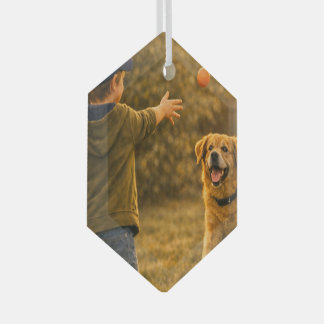 Glas-Hexagon-Schmuck – Junge und Hund spielen im H Ornament Aus Glas