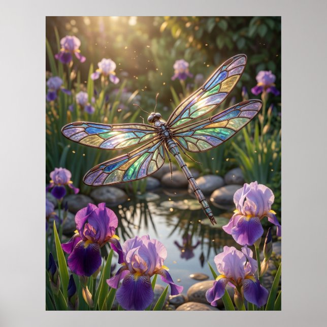 Glas Libelle Iris Blüte Poster (Vorne)