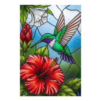 Glas-Patchwork-Kolibri-Garten-Blumenmosaik Fotodruck