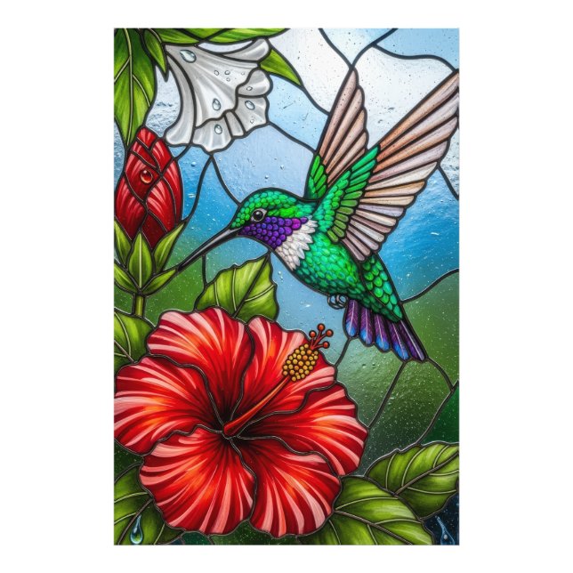 Glas-Patchwork-Kolibri-Garten-Blumenmosaik Fotodruck (Vorne)