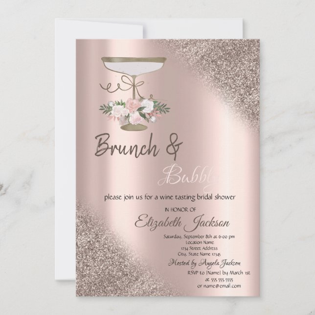 Glas, Rose Gold Glitzer Bokeh Brunch & Bubbly Einladung (Vorderseite)