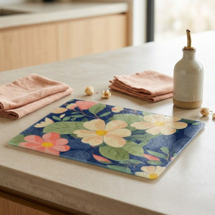 Glas Schneidbrett Navy Rosa Blumen Botanisch Schneidebrett
