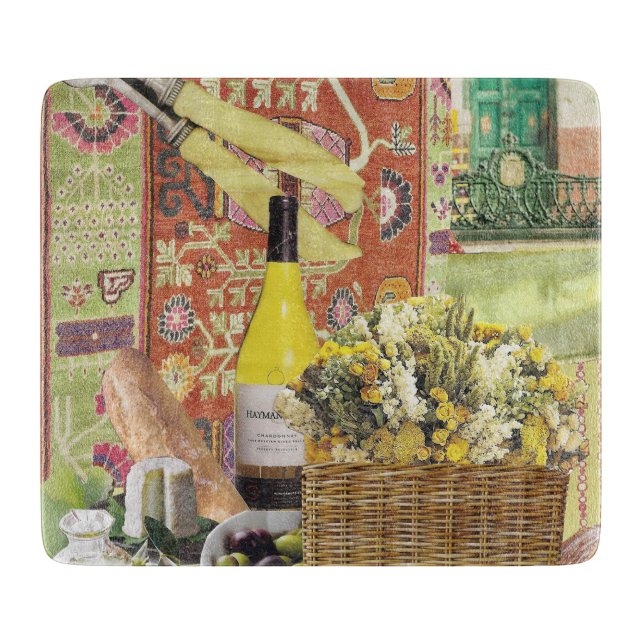 Glas-Schneidebrett mit Wein und Oliven Schneidebrett (Vorderseite)