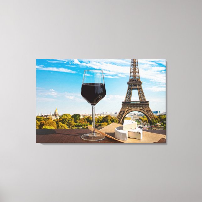 Glas Wein mit Brikenkäse auf dem Eiffelturm Leinwanddruck (Vorderseite)