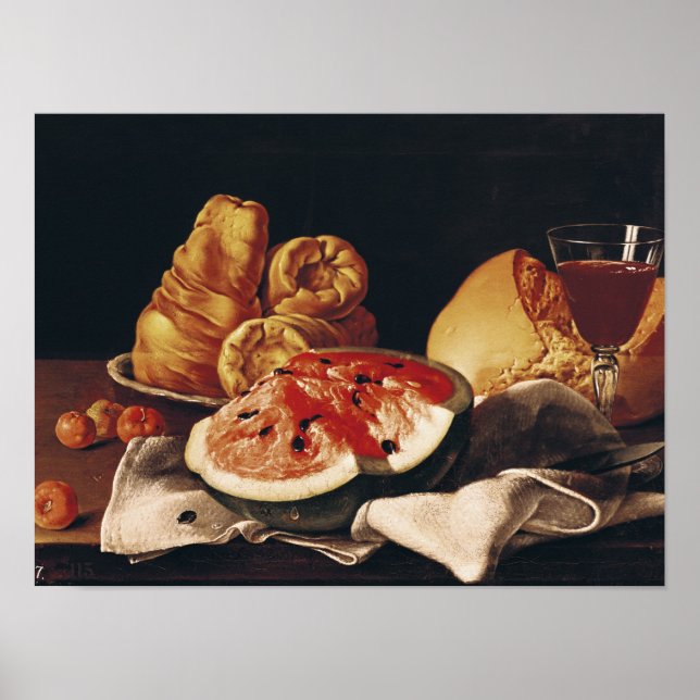 Glas Wein, Wassermelone und Brot Poster (Vorne)