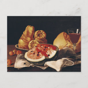 Glas Wein, Wassermelone und Brot Postkarte
