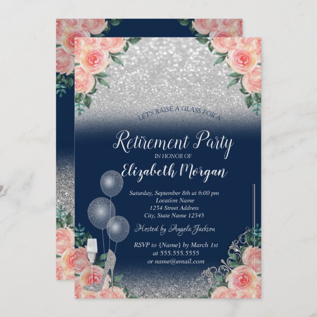 Glasballons Glitzer Floral Navy Blue Retirement Einladung (Vorne/Hinten)