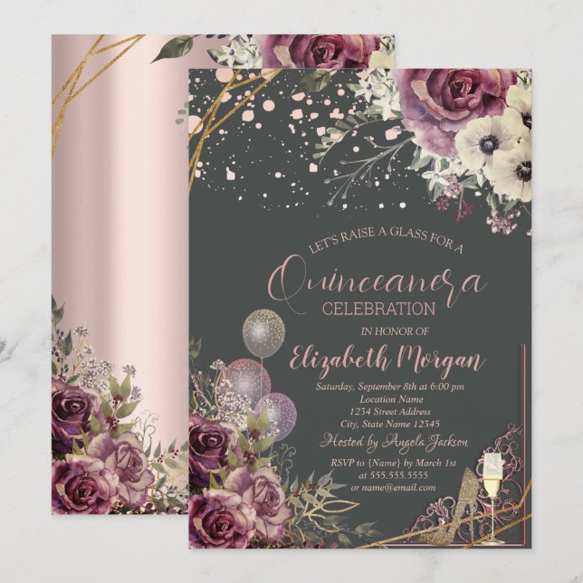 Glasballons Glitzer Heels Blume Quinceañera Einladung (Vorne/Hinten)