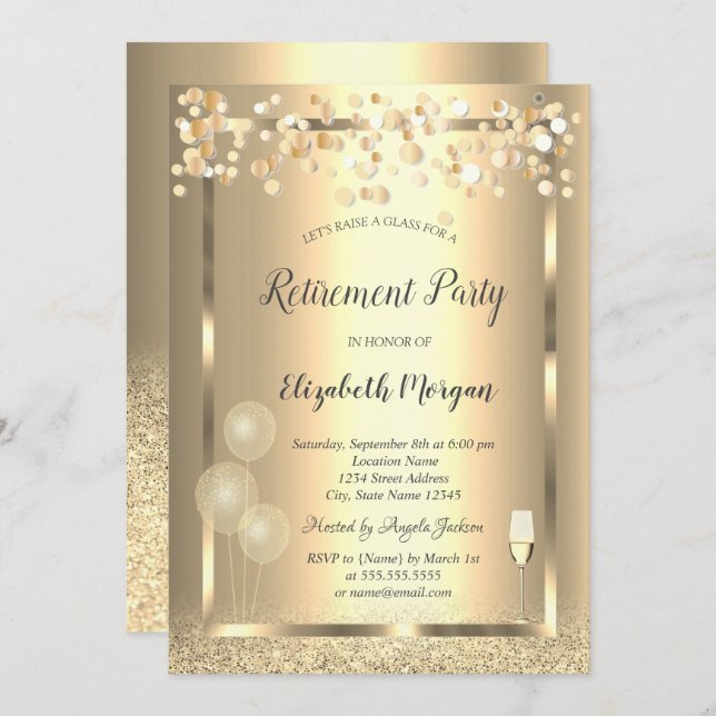Glasballons Gold Glitzer Rente Einladung (Vorne/Hinten)