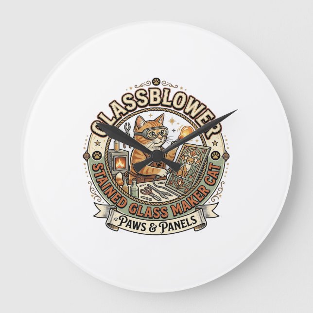 Glasbläser Bleiglasmacher Katze Glasbläser St Große Wanduhr (Vorderseite)