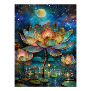 Gläserne Lotus-Blüten im Mondschein Poster