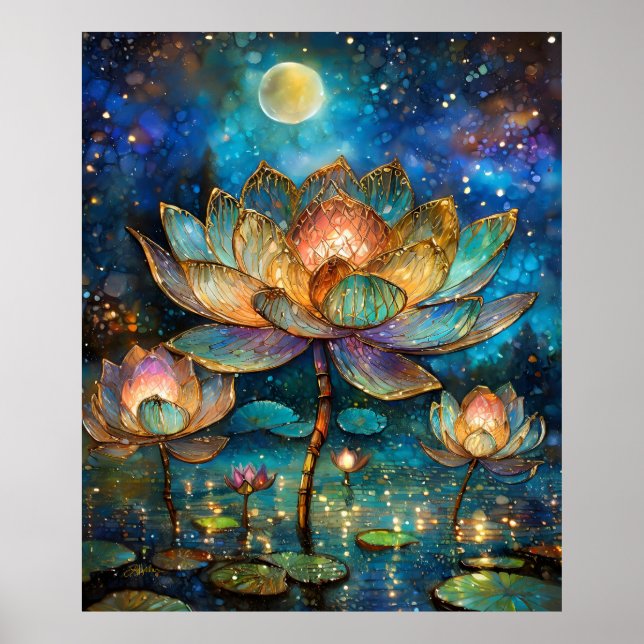 Gläserne Lotus-Blüten im Mondschein Poster (Vorne)