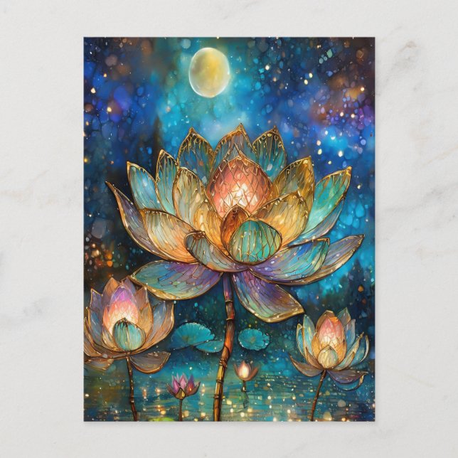 Gläserne Lotus-Blüten im Mondschein Postkarte (Vorderseite)