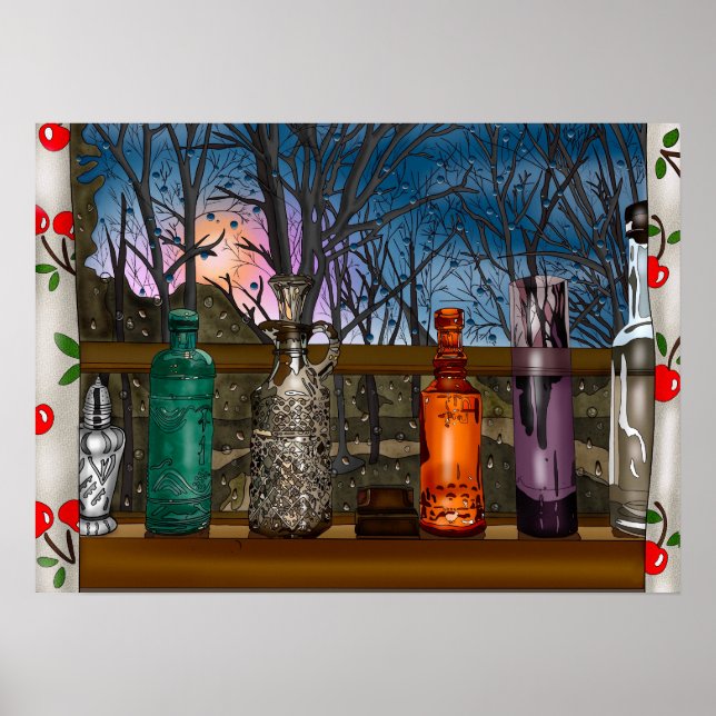 Glasflaschen im Fenster mit Raindrops Poster (Vorne)