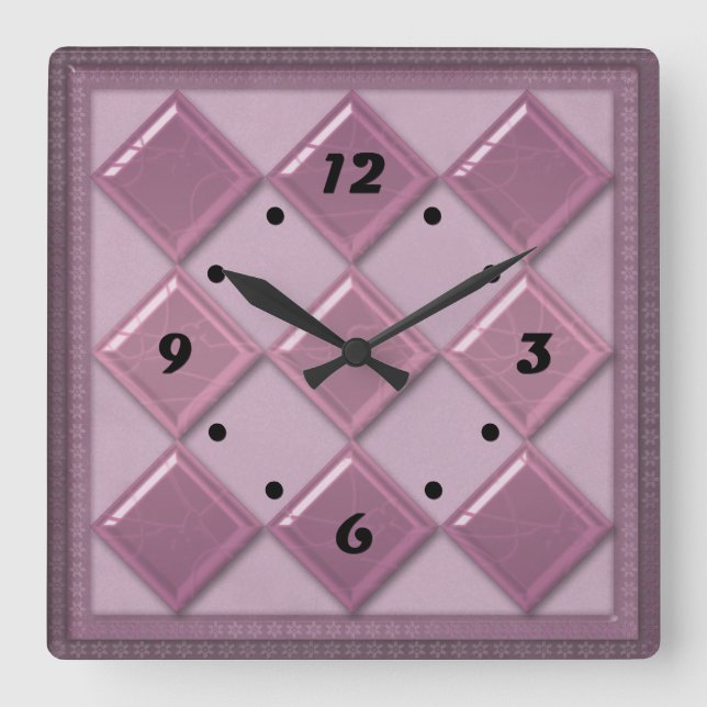 Glasfliese 3D lila Square Wall Clock Quadratische Wanduhr (Vorderseite)