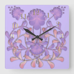 Glasfliesen 3D flüssige violette Blume Gzhel Quadratische Wanduhr