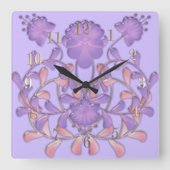 Glasfliesen 3D flüssige violette Blume Gzhel Quadratische Wanduhr (Vorderseite)