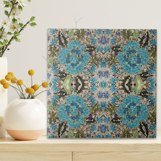 Glasgold Schmuck aquamarin türkisfarbene Kristall Fliese (bohemian girly chic silver turquoise blue flower ceramic tile)