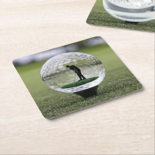 Glasgolfball mit Golf Player innen, Rechteckiger Pappuntersetzer