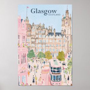 Glasgow Scotland Gouache Paint Illustration Travel Poster