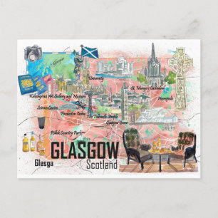 Glasgow Scotland Illustrierte Reisekarte mit Straß Postkarte