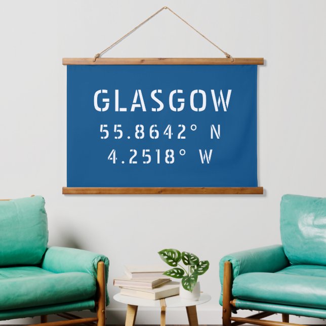 Glasgow Scotland Latitude & Longitude Wandteppich Mit Holzrahmen (Wohnzimmer)