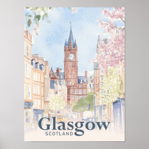 Glasgow Scotland Watercolor Painting Travel Poster