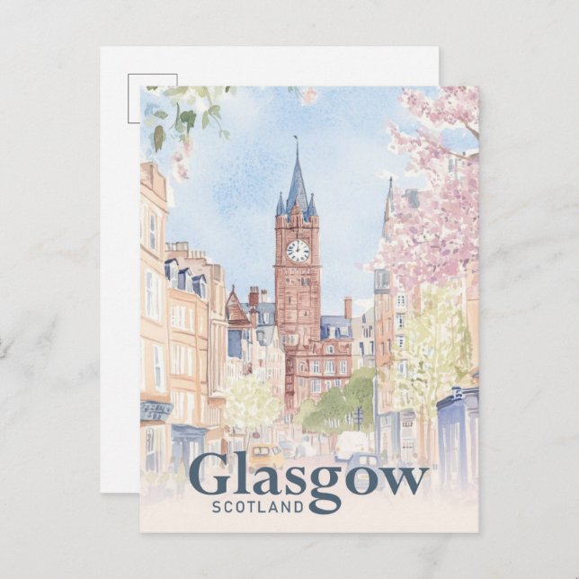Glasgow Scotland Watercolor Painting Travel Postkarte (Vorne/Hinten)