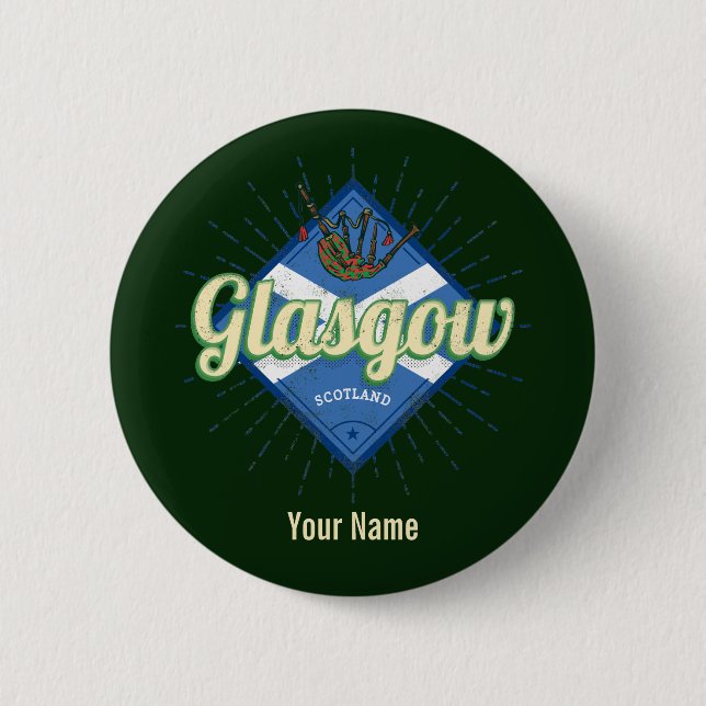 Glasgow UK City Scotland Retro Bagpipe Vintag Button (Vorderseite)