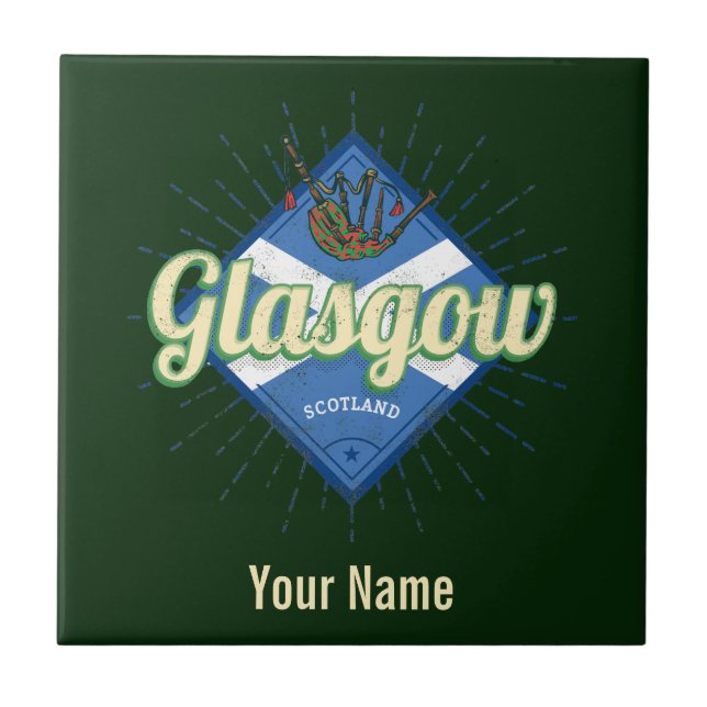 Glasgow UK City Scotland Retro Bagpipe Vintag Fliese (Vorderseite)