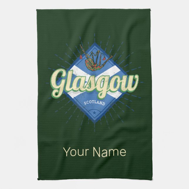Glasgow UK City Scotland Retro Bagpipe Vintag Geschirrtuch (Vertikal)