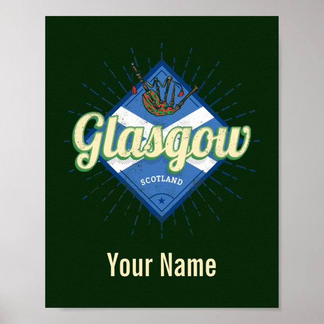 Glasgow UK City Scotland Retro Bagpipe Vintag Poster (Vorne)