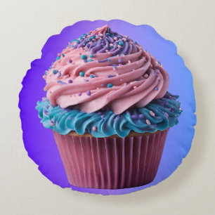 Glasierter rosa und blauer Cupcake Rundes Kissen