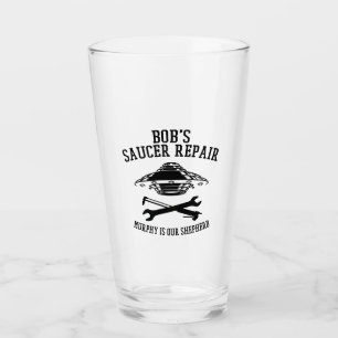Glasklammer mit dem Saucer-Repair-Logo des schwarz Glas
